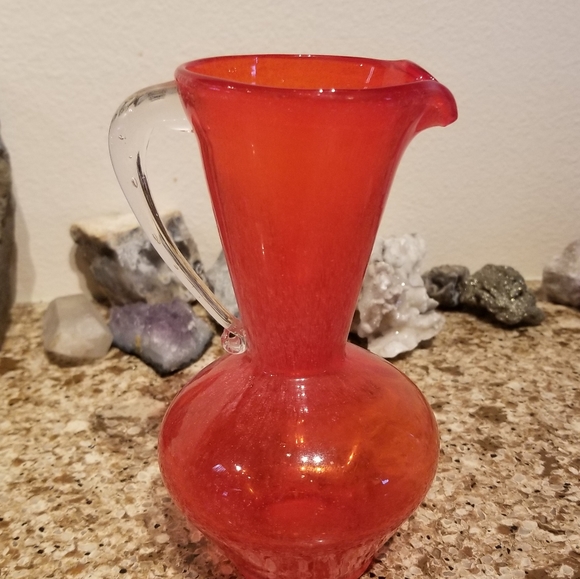 Hand Blown Orange RED Bubble Crackle GLASS PITCHER